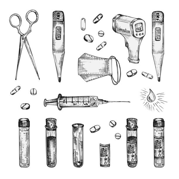 ilustrações de stock, clip art, desenhos animados e ícones de set of ink sketch medical icon mask, pills, syringes, injections, drugs, thermometer, sanitizer, scissors isolated on white background, medicine tools and equipment. vintage engraving style - capsule vitamin pill white background healthcare and medicine