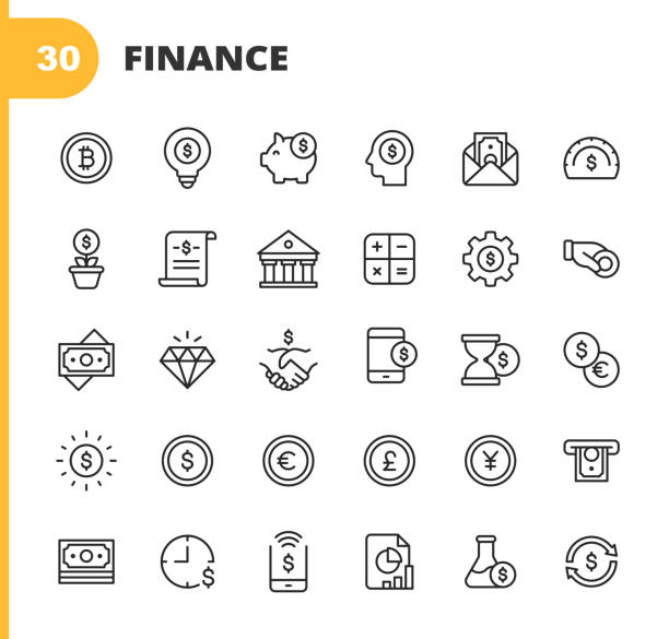 ilustrações, clipart, desenhos animados e ícones de ícones de finanças e linhas bancárias. curso editável. pixel perfeito. para mobile e web. contém ícones como dinheiro, finanças, bancos, moeda, gráfico, criptomoeda, bitcoin, cofrinho, banco, diamante, caixa eletrônico, dólar, bolsa de valores, i - moeda japonesa todas moedas asiaticas