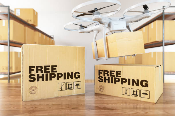 istock Drone Carry Express Packages in Warehouse with Free Shipping Cardboard Boxes 1221838769