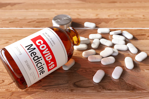 COVID-19 Coronavirus Medicine Bottle with Pills. 3d Render