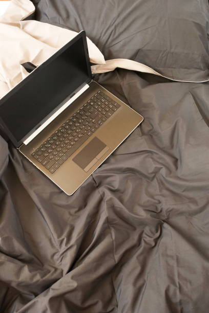 istock Laptop on grey bed work at home concept 1221839365