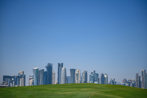 Panoramic view of Doha, capital of Qatar, copy space, clear sky, Nikon Z7