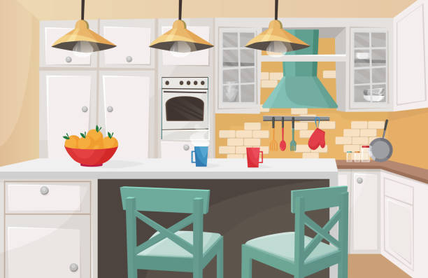 Kitchen interior in traditional design flat cartoon vector illustration. Cozy atmosphere, brick decorated wall, cute form cabinet doors, rough wooden chairs, furniture, kitchenware. Kitchen interior in traditional design flat cartoon vector illustration. Cozy atmosphere, brick decorated wall, cute form cabinet doors, rough wooden chairs, furniture, kitchenware kitchen stock illustrations
