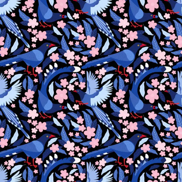 Vector illustration of Taiwan blue bird among the leaves and pink flowers seamless pattern. Azure magpie is the symbol of Taiwan. Background from exotic birds of Asia. Urocissa caerulea. Flat vector illustration