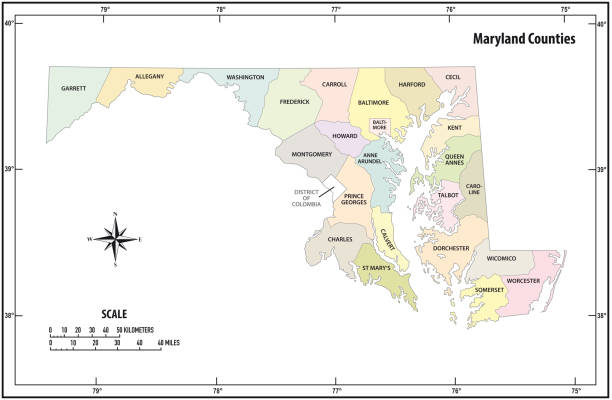 штат мэриленд наброски административных и политических вектор карты в цвете - kilometer stock illustrations