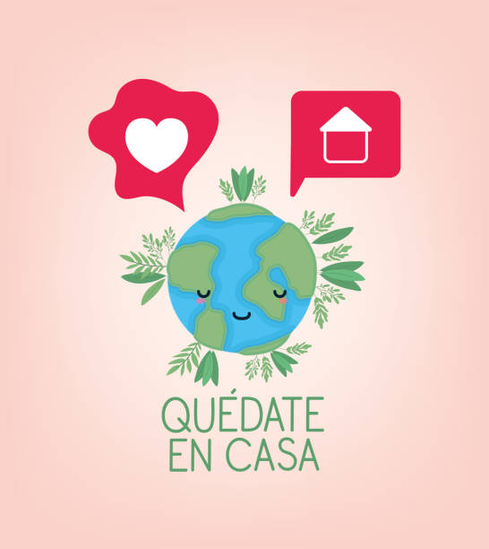 istock Quedate en casa text with world cartoon heart house bubbles and leaves vector design 1221844387