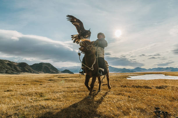 istock Eagle hunter on horse in desert in Mongolia 1221845396