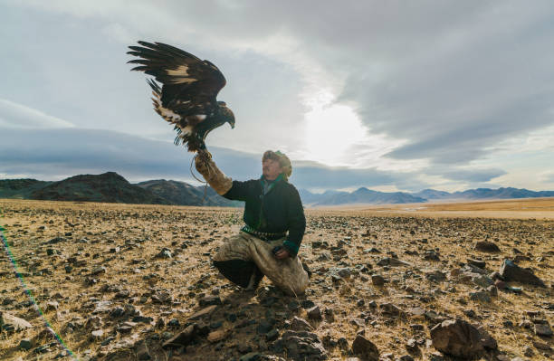 istock Portrait of eagle hunter in desert   in Mongolia 1221845508