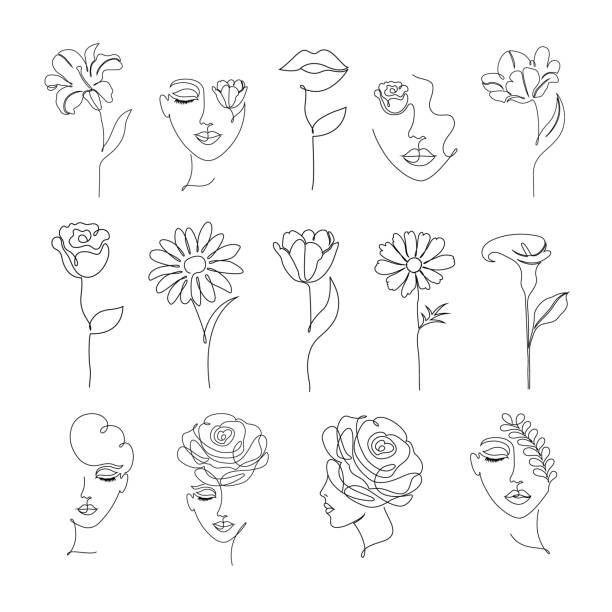 花和女人在一條線繪製風格 - 紋身 人體裝飾 插圖 幅插畫檔、美工圖案、卡通及圖標