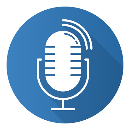 Blue dynamic microphone flat design long shadow glyph icon. Mike recording sound idea. Portable voice recorder. Wireless musical mic, professional studio equipment. Vector silhouette illustration