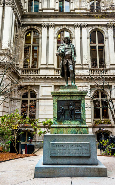 istock Old Town Hall with Benjamin Franklin Statue in downtown Boston reflex 1221845881