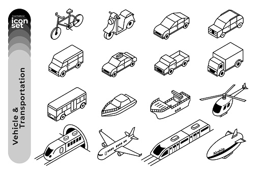 The outline icon illustration set of vehicles and transportations such as sedan, SUVs, bicycle, plane, Ship, helicopter and so on.