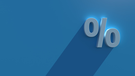 Simple 3d render text on blue background with long shadow and bloom effect. Percent symbol.