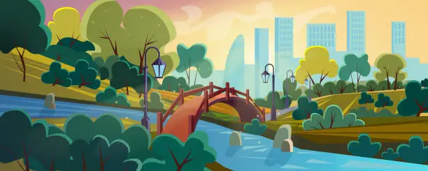 Vector illustration of City garden flat cartoon background panorama vector illustration landscape. Green zone, blue water river, lovely wooden humpback bridge in old style, lanterns on pillars, skyscrappers on horizon.