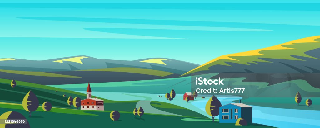 Small Town In Mountains Flat Cartoon Landscape Vector Illustration  Background Stock Illustration - Download Image Now - iStock