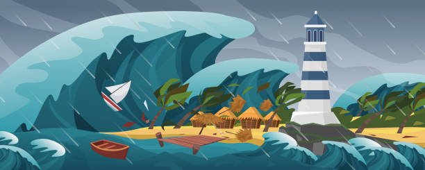 tsunami płaskie kreskówki pejzaż morski panoramiczny krajobraz wektor ilustracji tła. panorama przerażającej klęski żywiołowej, gigantyczna fala, obejmuje spokojną małą wyspę z latarnią morską, palmiarniami i jachtami. - lighthouse storm sea panoramic stock illustrations