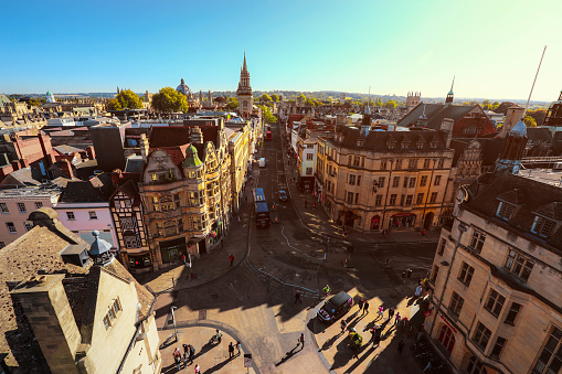 Oxford, United Kingdom - September 20 , 2019 : Aerial view of the Oxford city center from the old Carfax Tower