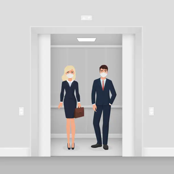 Vector illustration of Business people in masks from covid 19 in elevator flat cartoon vector illustration concept