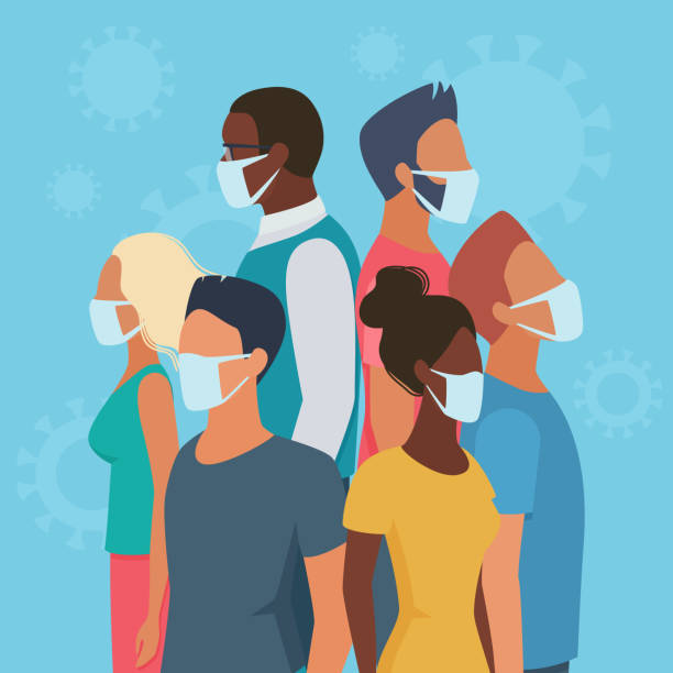 人組在面具在圓平病毒字元概念載體插圖。多種族的男人,穿著藍色背景的休閑服裝的女人背靠背地站在一起,互相保護,免受危險。 - 防護口罩 插圖 幅插畫檔、美工圖案、卡通及圖標