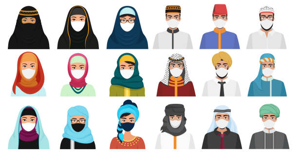 East men and women in masks cartoon flat vector illustration set isolated. Muslim Arabian people in traditional national clothes with protection masks to prevent air pollution, coronavirus covid-19. East men and women in masks cartoon flat vector illustration set isolated. Muslim Arabian people in traditional national clothes with protection masks to prevent air pollution, coronavirus covid-19 headwear stock illustrations
