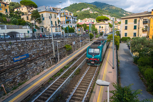 Bogliasco, Italy - August 19, 2019: Railroad Track in picturesque resort Bogliasco on Ligurian seashore near Genoa in Liguria, Italy