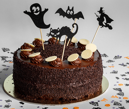 Delicious chocolate cake decorated for Halloween.