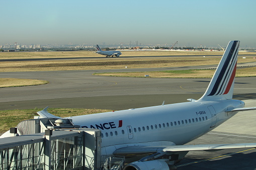 Airplane of Airfrance avia company standing at the airport gate