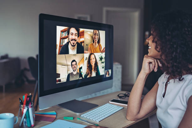 Online business meeting Group of people having a video conference stay at home saying stock pictures, royalty-free photos & images