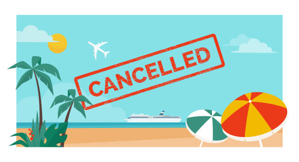 Cancelled vacation and flight due to coronavirus Cancelled vacation and flight due to coronavirus covid-19, red stamp on a beautiful beach with cruise ship and airplane travel refund stock illustrations