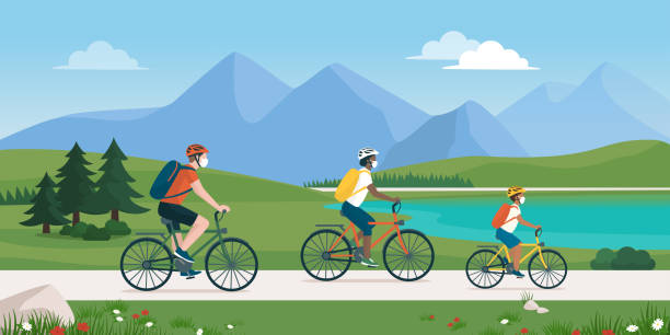 ilustraciones, imágenes clip art, dibujos animados e iconos de stock de familia feliz en bicicleta juntos y usando máscaras faciales - actividades recreativas