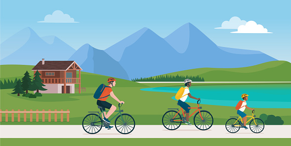 Happy family having a safe travel cycling in nature, social distancing and healthy vacations concept