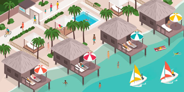 ilustrações, clipart, desenhos animados e ícones de pessoas relaxando no balneário e praticando o distanciamento social - fun tourist resort beach group of people
