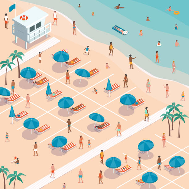 menschen soziale entfernung am strand während coronavirus-ausbruch - isometric sea coastline beach stock-grafiken, -clipart, -cartoons und -symbole