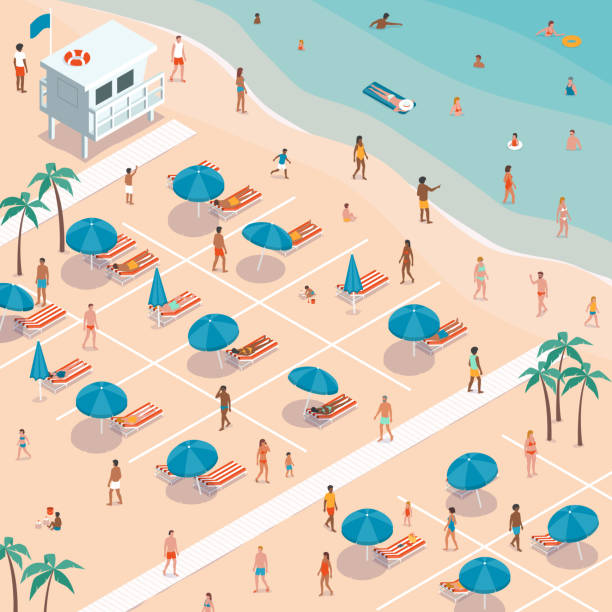 ilustrações de stock, clip art, desenhos animados e ícones de people social distancing at the beach during coronavirus outbreak - isometric sea coastline beach