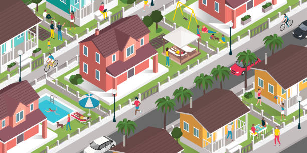 люди проводят свои летние каникулы дома во время вспышки коронавируса - жилой район иллюстрации stock illustrations