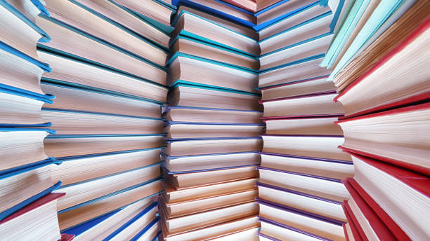 istock Large books pile wide angle view 1221863640