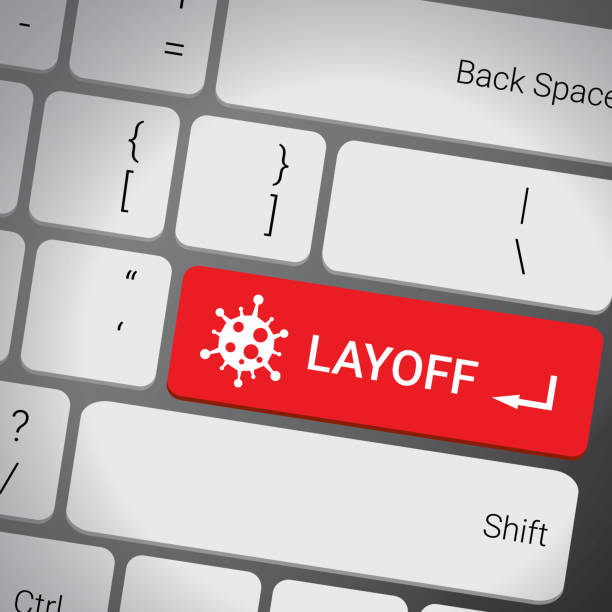 schließen sie die layoff-taste mit covid-19-zeichen auf der tastatur und haben rote farbe taste isolieren graue tastatur. konzept des problems der arbeitslosigkeit und der arbeitslosigkeit während des coronavirusausbruchs oder der pandemie. vektor-illust - schlüsselfertig stock-grafiken, -clipart, -cartoons und -symbole