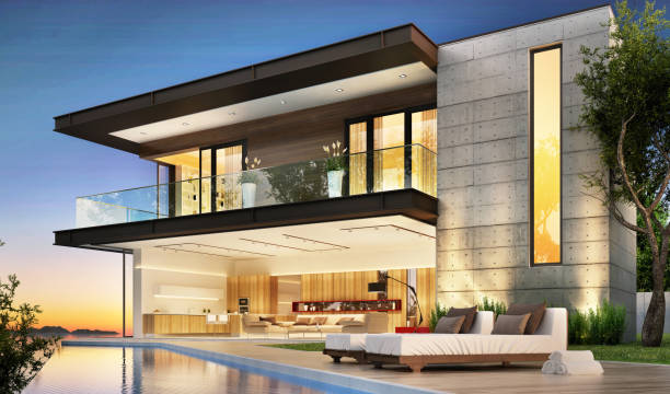 istock Modern house with pool by the sea 1221865609