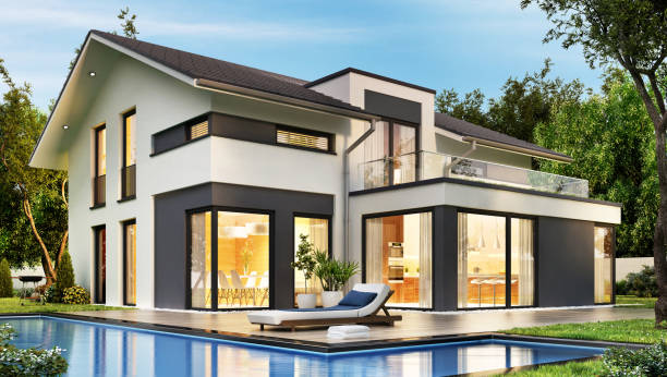 istock Modern house design with swimming pool 1221865611