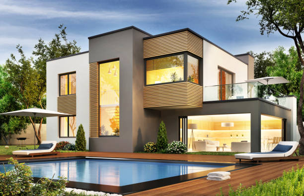 istock Luxurious modern house with swimming pool 1221865626