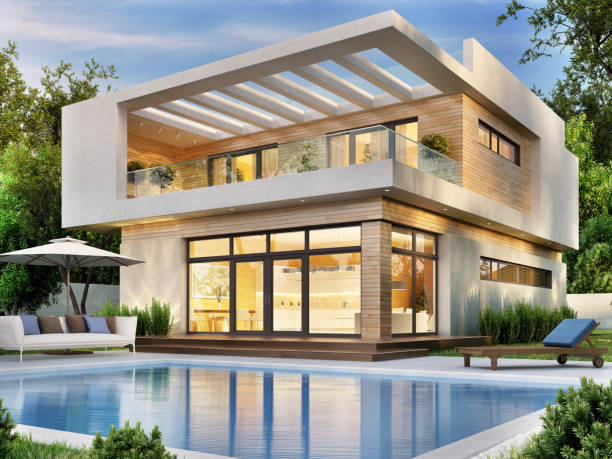 casa moderna con piscina - deck front or back yard landscaped house foto e immagini stock