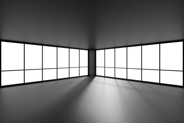 istock Empty black office business room with sun light from large windo 1221866369