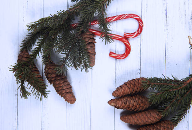 istock licorice sticks and pinetree branches isolated on white wooden background flat lay. Horizontal image 1221866424