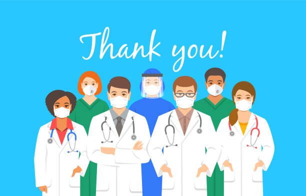 Doctors and nurses hospital staff with thank you text vector flat illustration Doctors team in protective face masks with thank you inscription. Appreciation for hospital staff fighting the spread of coronavirus. Personnel of medical clinic, physicians and nurses stand together front line workers together stock illustrations