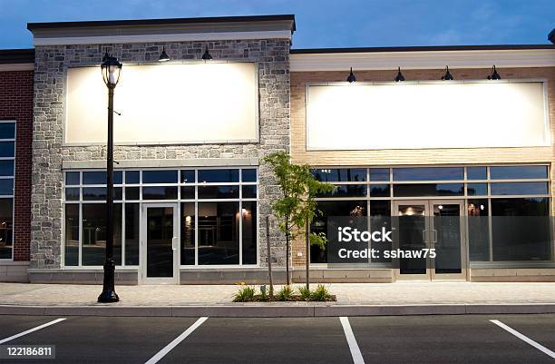 Abandoned Store Fronts In A New Strip Mall Development Stock Photo - Download Image Now