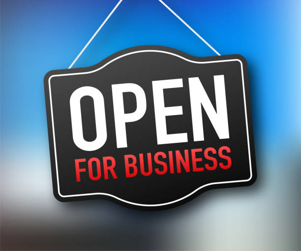 ilustrações de stock, clip art, desenhos animados e ícones de open for business sign. flat design for business financial marketing banking advertisement office people life property stock fund commercial background in minimal concept cartoon illustration - open sign