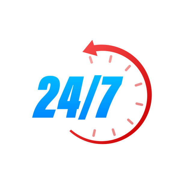 24-7 servicekonzept. 24-7 geöffnet. support-service-symbol. vektor-stock-illustration. - clock number 7 clock face watch stock-grafiken, -clipart, -cartoons und -symbole