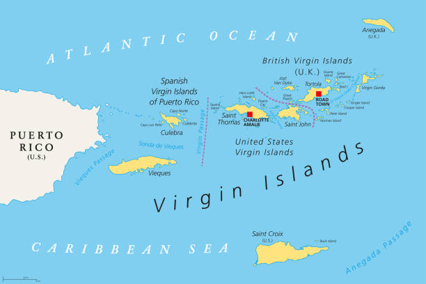 mapa polityczna brytyjskich, hiszpańskich i stanów zjednoczonych na wyspach dziewiczych - sea passage obrazy stock illustrations