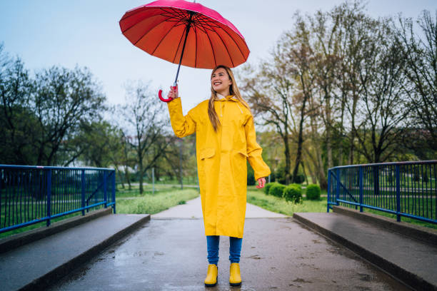istock Woman with red umbrella on the bridge 1221871159