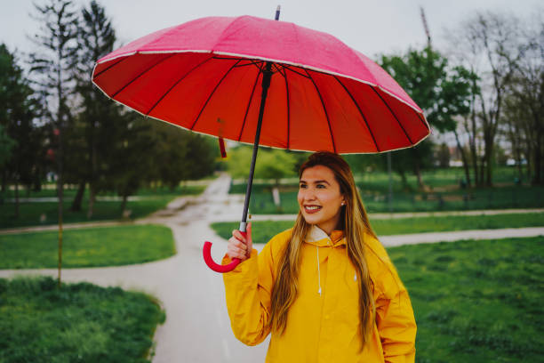 istock Woman under umbrella in rain 1221871247